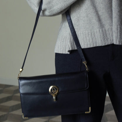 Christian Dior Vintage Black Calfskin Turn Lock 2way Clutch Shoulder Bag