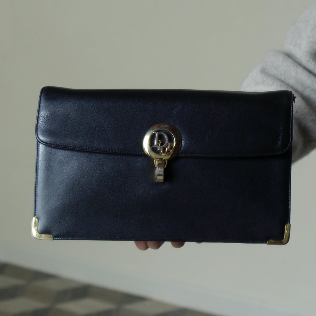 Christian Dior Vintage Black Calfskin Turn Lock 2way Clutch Shoulder Bag