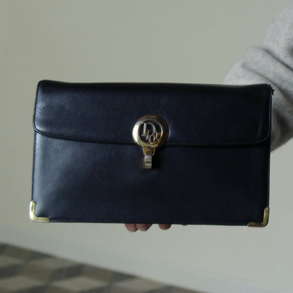 Christian Dior Vintage Black Calfskin Turn Lock 2way Clutch Shoulder Bag