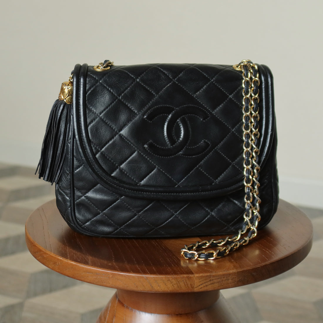 Vintage Chanel Black Lambskin Matelasse CC mark Tassel charm Classic Flap Bag