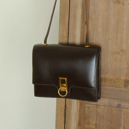 Vintage Hermès 1978 Dark Brown Emblem Ring Box Calf Shoulder Flap Bag