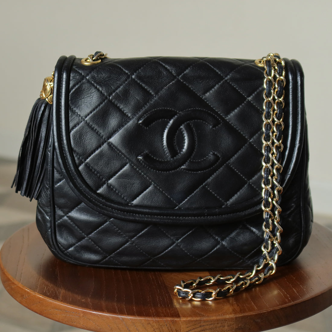 Vintage Chanel Black Lambskin Matelasse CC mark Tassel charm Classic Flap Bag