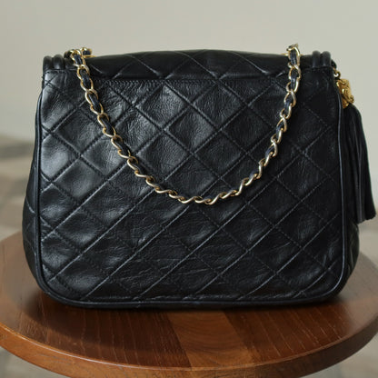 Vintage Chanel Black Lambskin Matelasse CC mark Tassel charm Classic Flap Bag