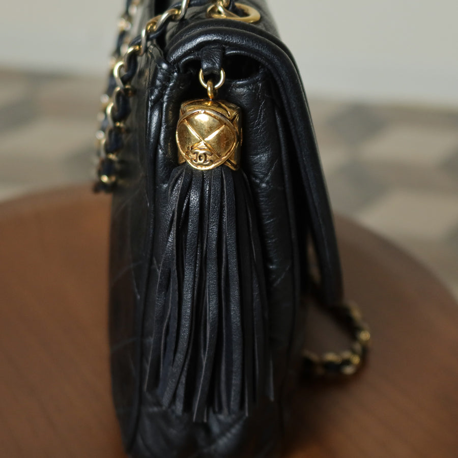 Vintage Chanel Black Lambskin Matelasse CC mark Tassel charm Classic Flap Bag