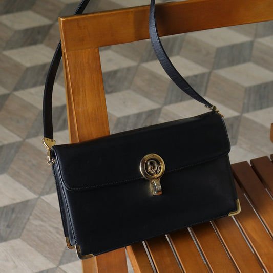 Christian Dior Vintage Black Calfskin Turn Lock 2way Clutch Shoulder Bag