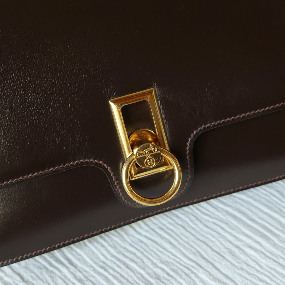 Vintage Hermès 1978 Dark Brown Emblem Ring Box Calf Shoulder Flap Bag