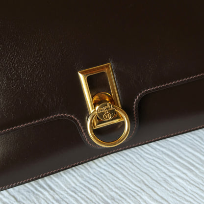 Vintage Hermès 1978 Dark Brown Emblem Ring Box Calf Shoulder Flap Bag