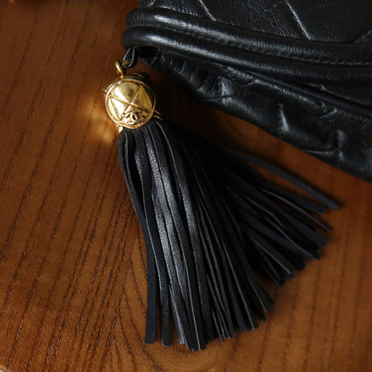 Vintage Chanel Black Lambskin Matelasse CC mark Tassel charm Classic Flap Bag