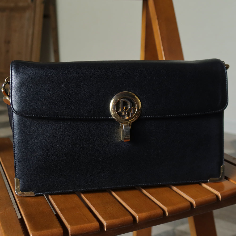 Christian Dior Vintage Black Calfskin Turn Lock 2way Clutch Shoulder Bag