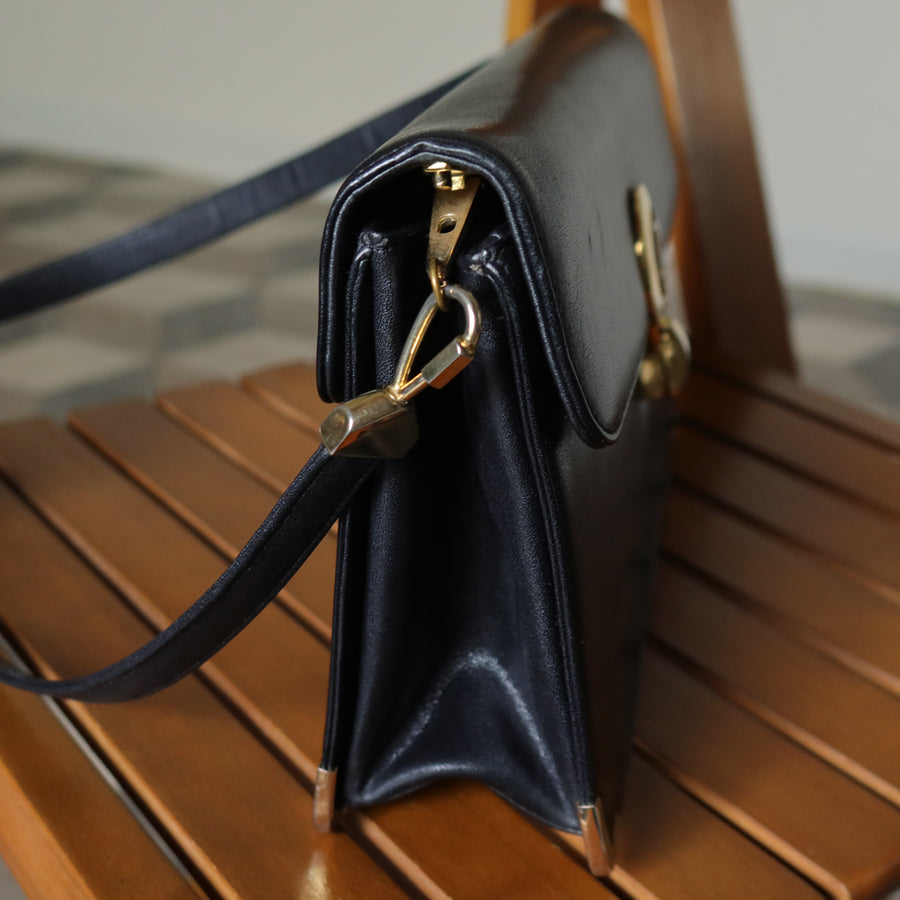 Christian Dior Vintage Black Calfskin Turn Lock 2way Clutch Shoulder Bag