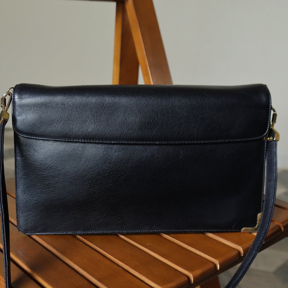 Christian Dior Vintage Black Calfskin Turn Lock 2way Clutch Shoulder Bag