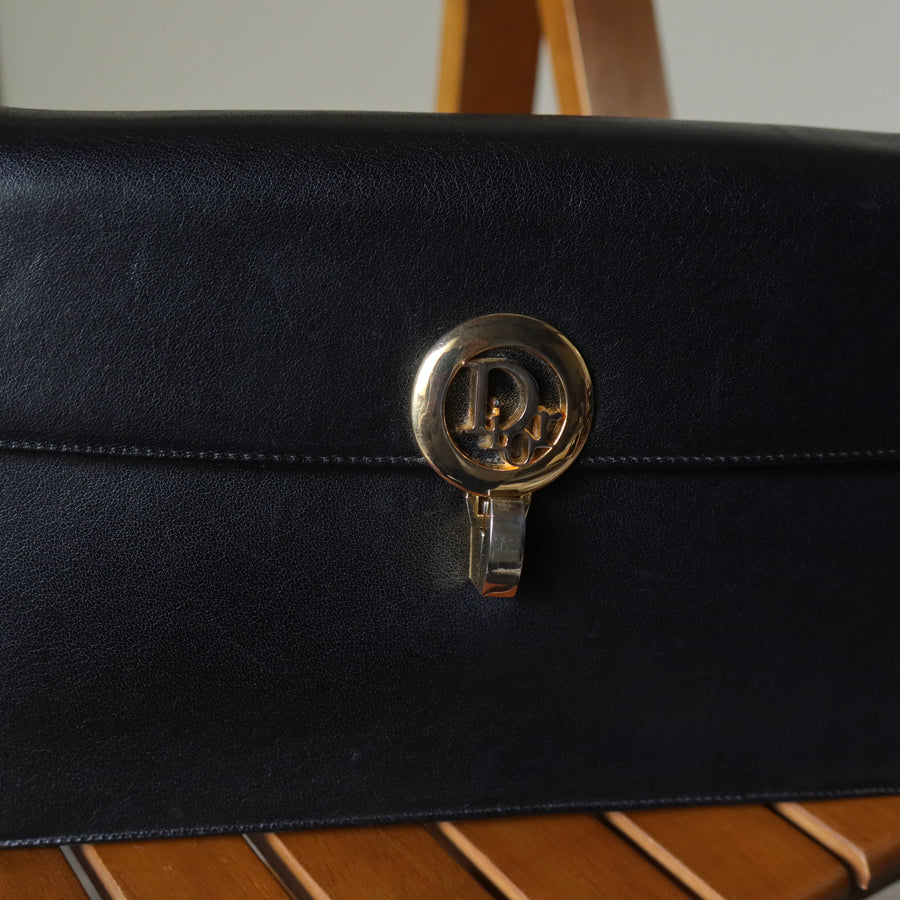 Christian Dior Vintage Black Calfskin Turn Lock 2way Clutch Shoulder Bag