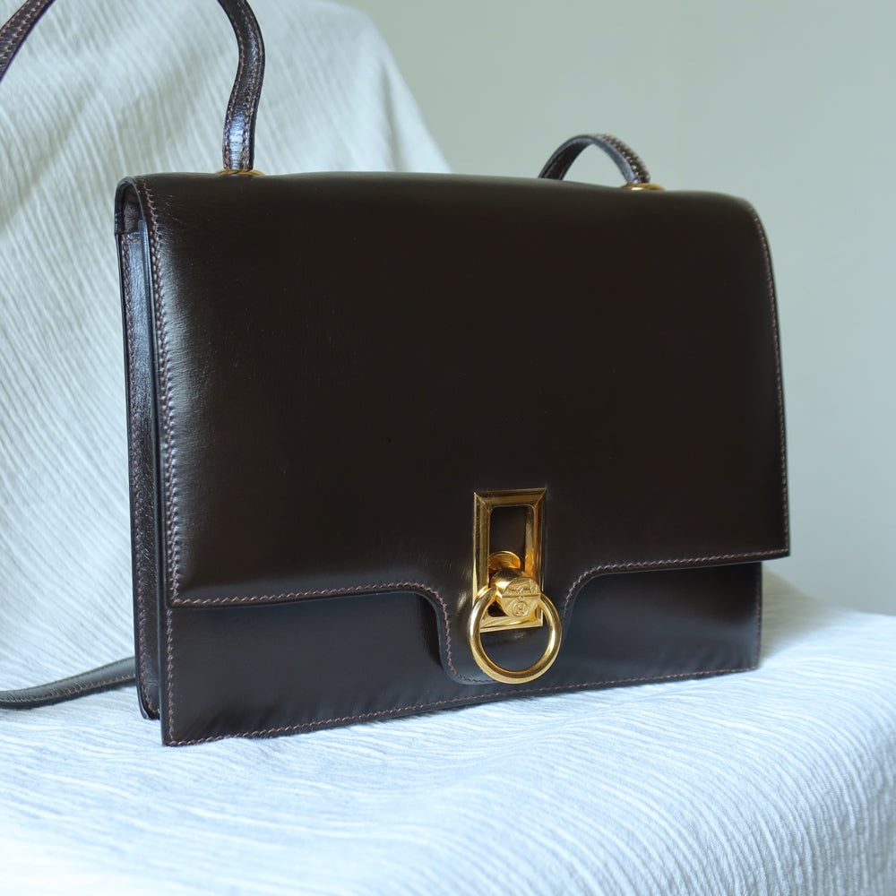 Vintage Hermès 1978 Dark Brown Emblem Ring Box Calf Shoulder Flap Bag
