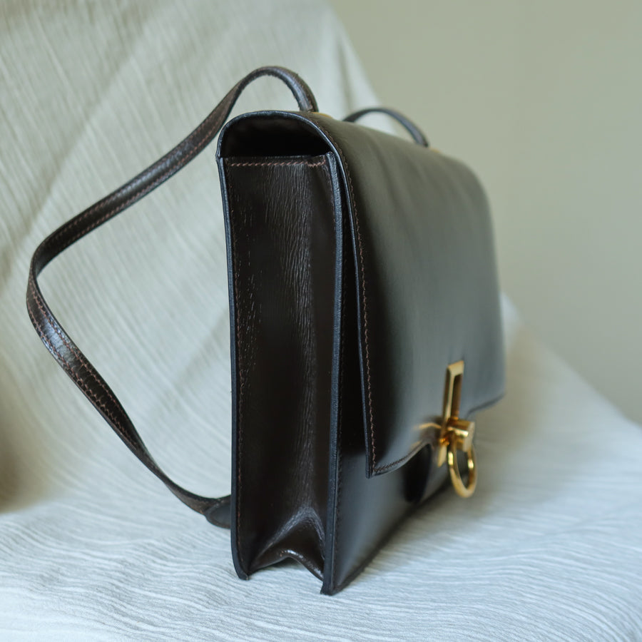 Vintage Hermès 1978 Dark Brown Emblem Ring Box Calf Shoulder Flap Bag