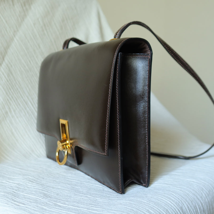 Vintage Hermès 1978 Dark Brown Emblem Ring Box Calf Shoulder Flap Bag