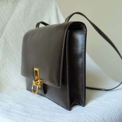 Vintage Hermès 1978 Dark Brown Emblem Ring Box Calf Shoulder Flap Bag