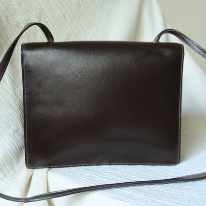 Vintage Hermès 1978 Dark Brown Emblem Ring Box Calf Shoulder Flap Bag
