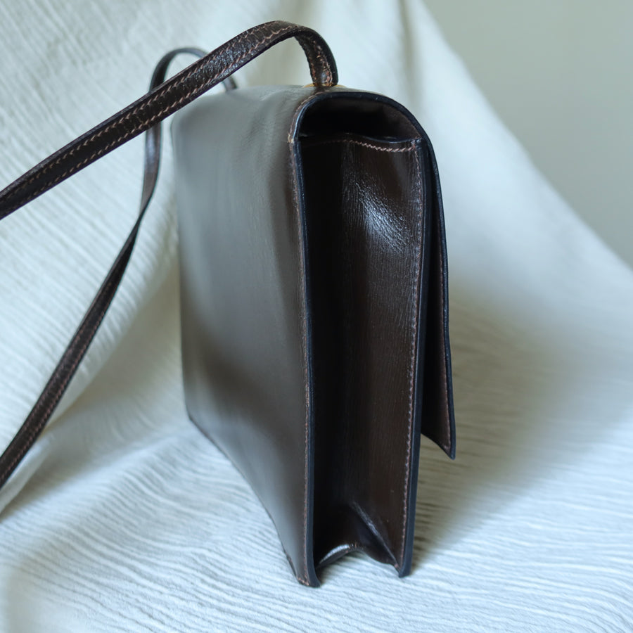 Vintage Hermès 1978 Dark Brown Emblem Ring Box Calf Shoulder Flap Bag