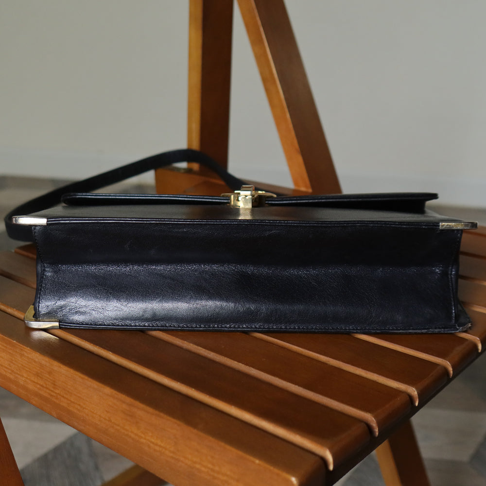 Christian Dior Vintage Black Calfskin Turn Lock 2way Clutch Shoulder Bag