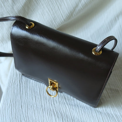 Vintage Hermès 1978 Dark Brown Emblem Ring Box Calf Shoulder Flap Bag