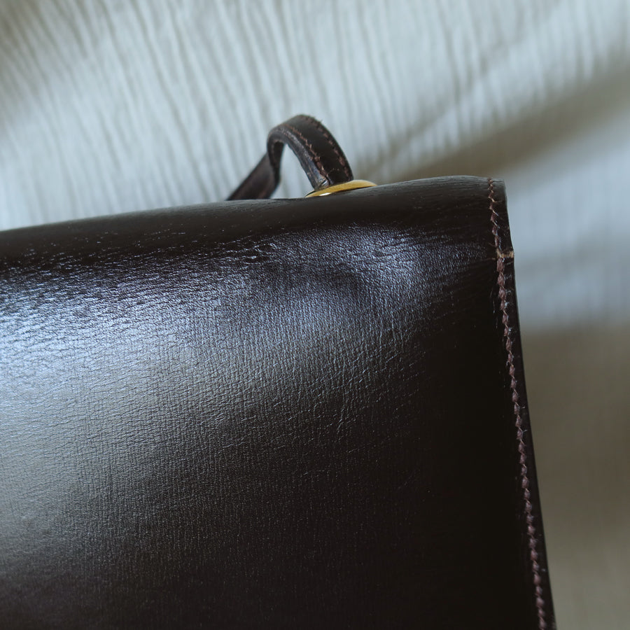 Vintage Hermès 1978 Dark Brown Emblem Ring Box Calf Shoulder Flap Bag