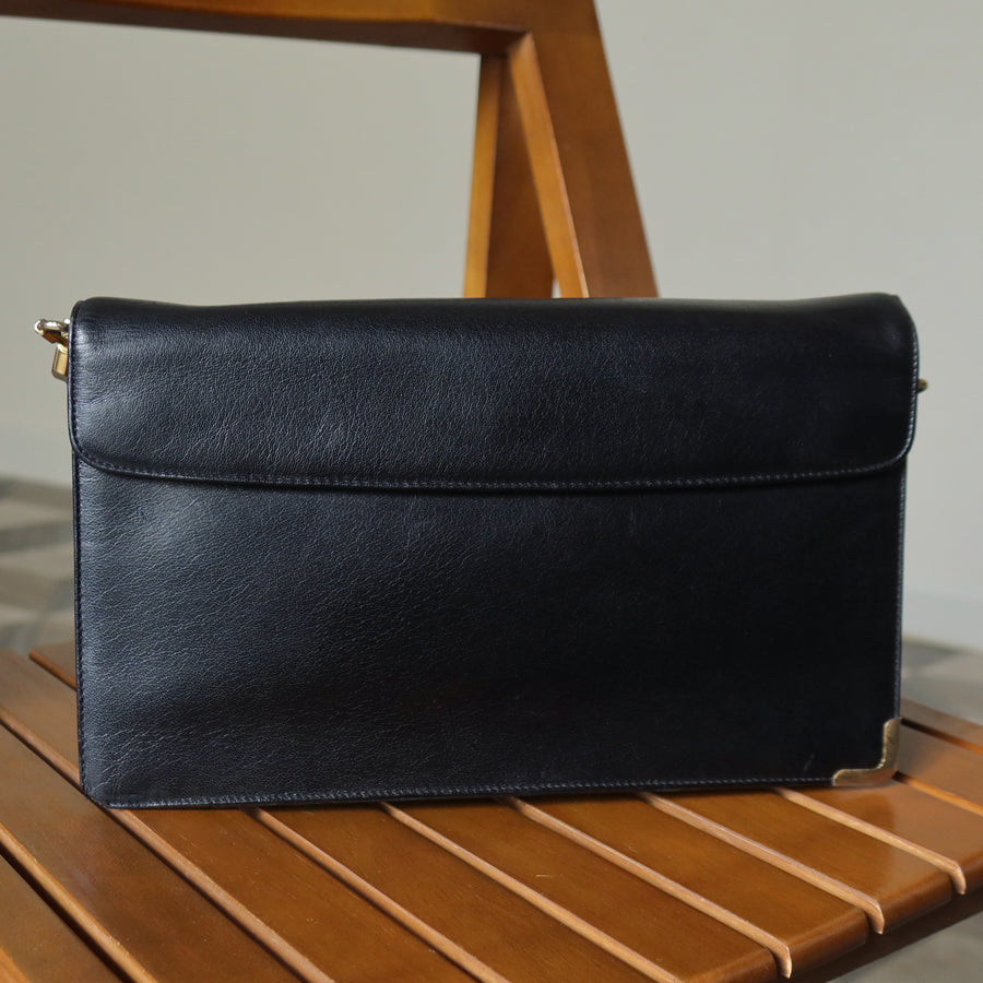 Christian Dior Vintage Black Calfskin Turn Lock 2way Clutch Shoulder Bag