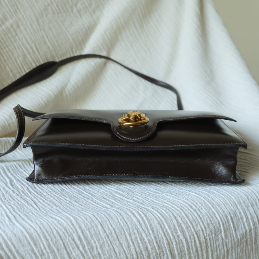 Vintage Hermès 1978 Dark Brown Emblem Ring Box Calf Shoulder Flap Bag