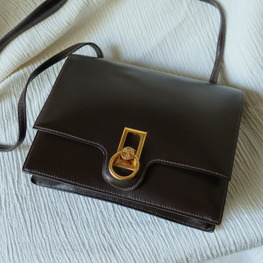 Vintage Hermès 1978 Dark Brown Emblem Ring Box Calf Shoulder Flap Bag