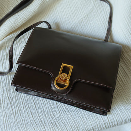 Vintage Hermès 1978 Dark Brown Emblem Ring Box Calf Shoulder Flap Bag