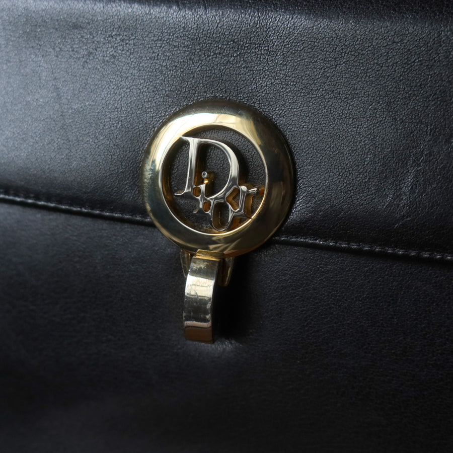 Christian Dior Vintage Black Calfskin Turn Lock 2way Clutch Shoulder Bag