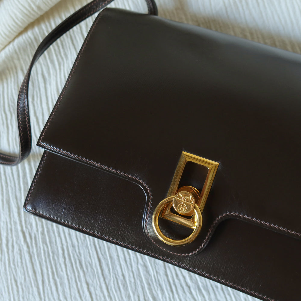 Vintage Hermès 1978 Dark Brown Emblem Ring Box Calf Shoulder Flap Bag