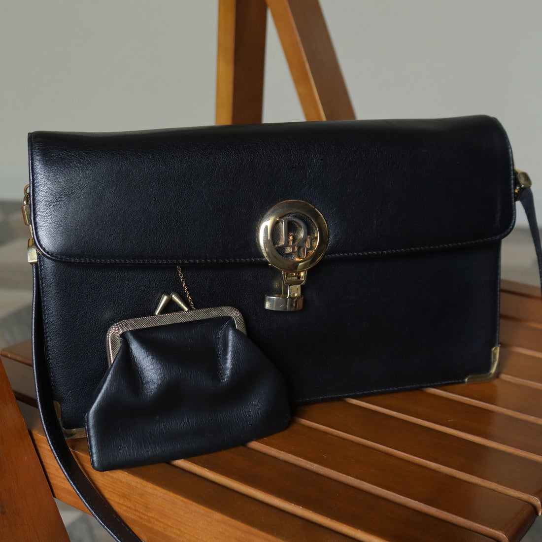 Christian Dior Vintage Black Calfskin Turn Lock 2way Clutch Shoulder Bag