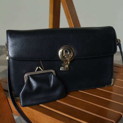 Christian Dior Vintage Black Calfskin Turn Lock 2way Clutch Shoulder Bag