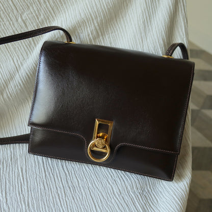 Vintage Hermès 1978 Dark Brown Emblem Ring Box Calf Shoulder Flap Bag
