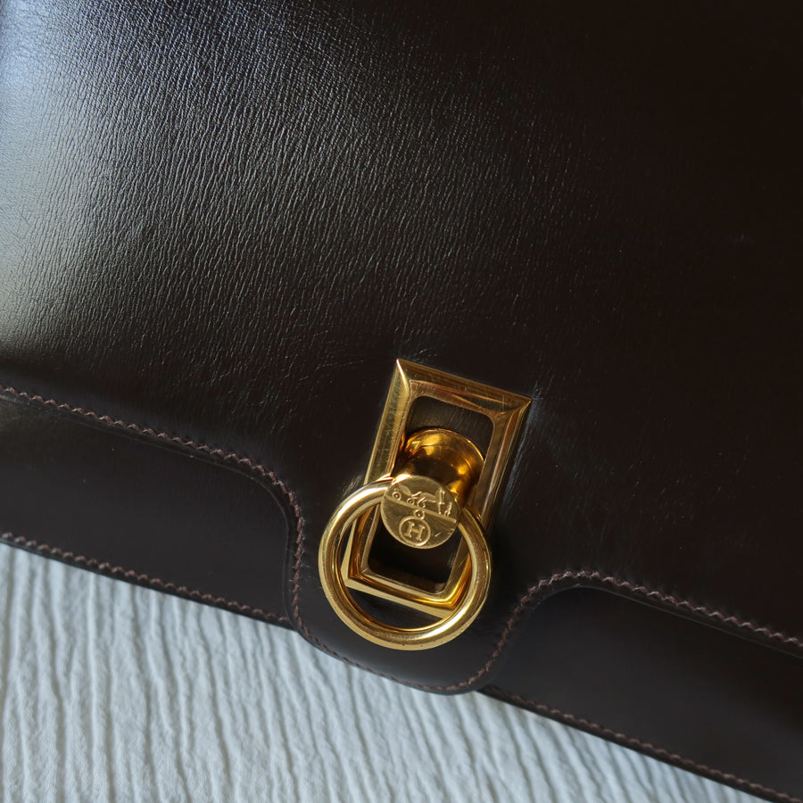 Vintage Hermès 1978 Dark Brown Emblem Ring Box Calf Shoulder Flap Bag