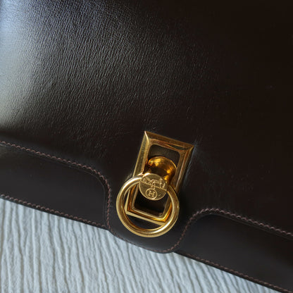 Vintage Hermès 1978 Dark Brown Emblem Ring Box Calf Shoulder Flap Bag