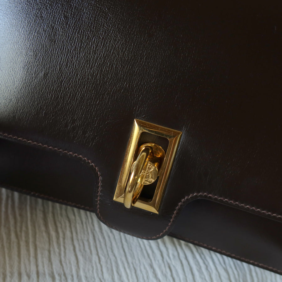 Vintage Hermès 1978 Dark Brown Emblem Ring Box Calf Shoulder Flap Bag