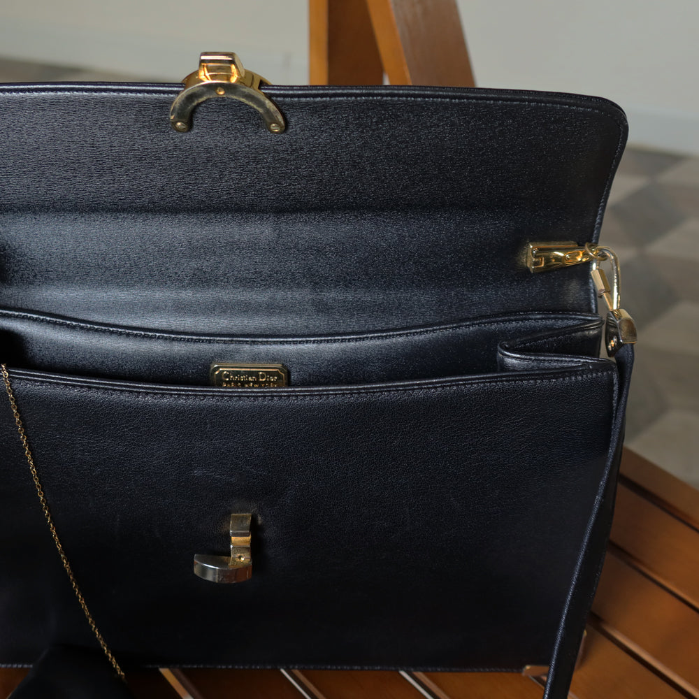 Christian Dior Vintage Black Calfskin Turn Lock 2way Clutch Shoulder Bag