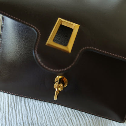 Vintage Hermès 1978 Dark Brown Emblem Ring Box Calf Shoulder Flap Bag