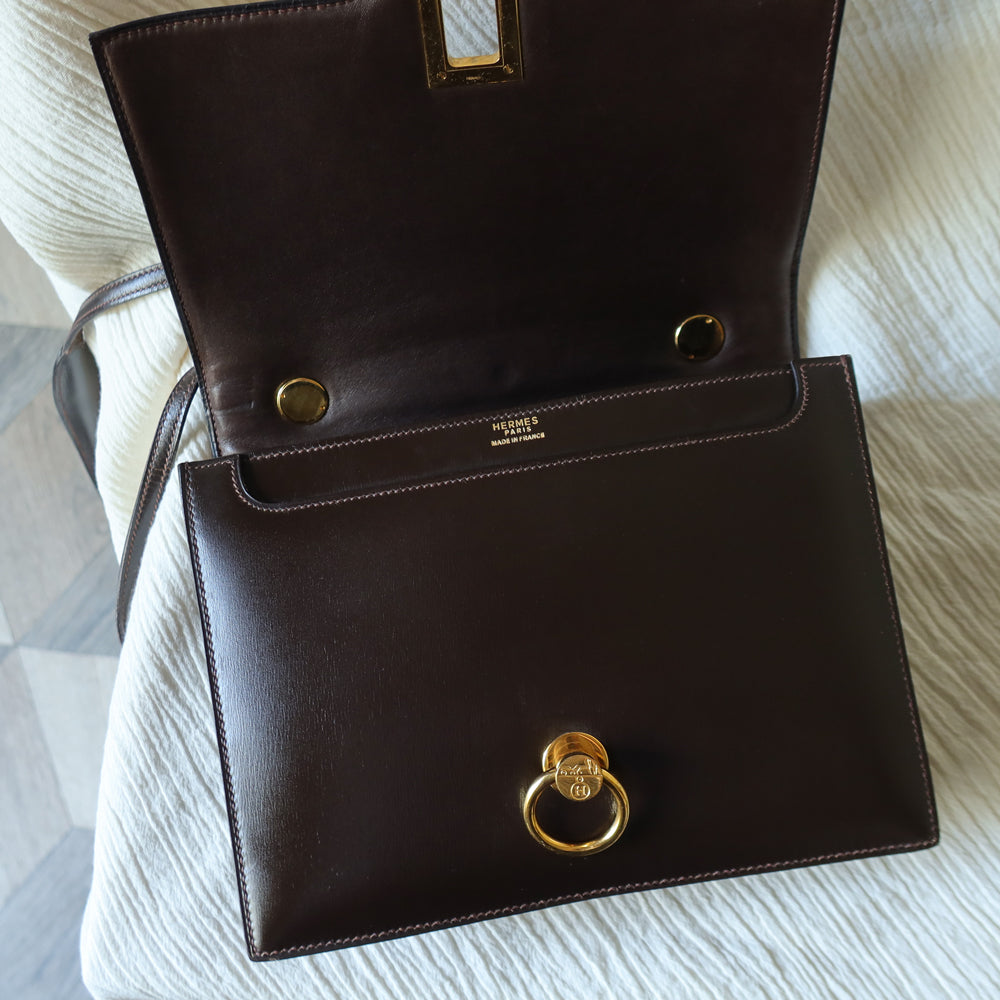 Vintage Hermès 1978 Dark Brown Emblem Ring Box Calf Shoulder Flap Bag