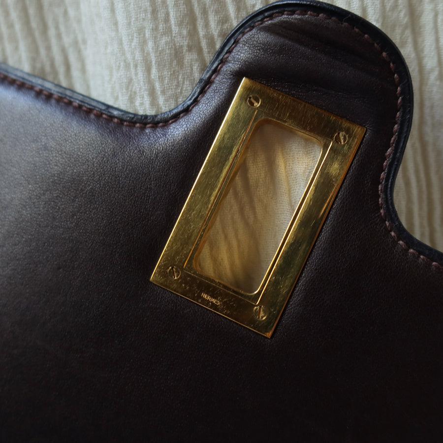 Vintage Hermès 1978 Dark Brown Emblem Ring Box Calf Shoulder Flap Bag
