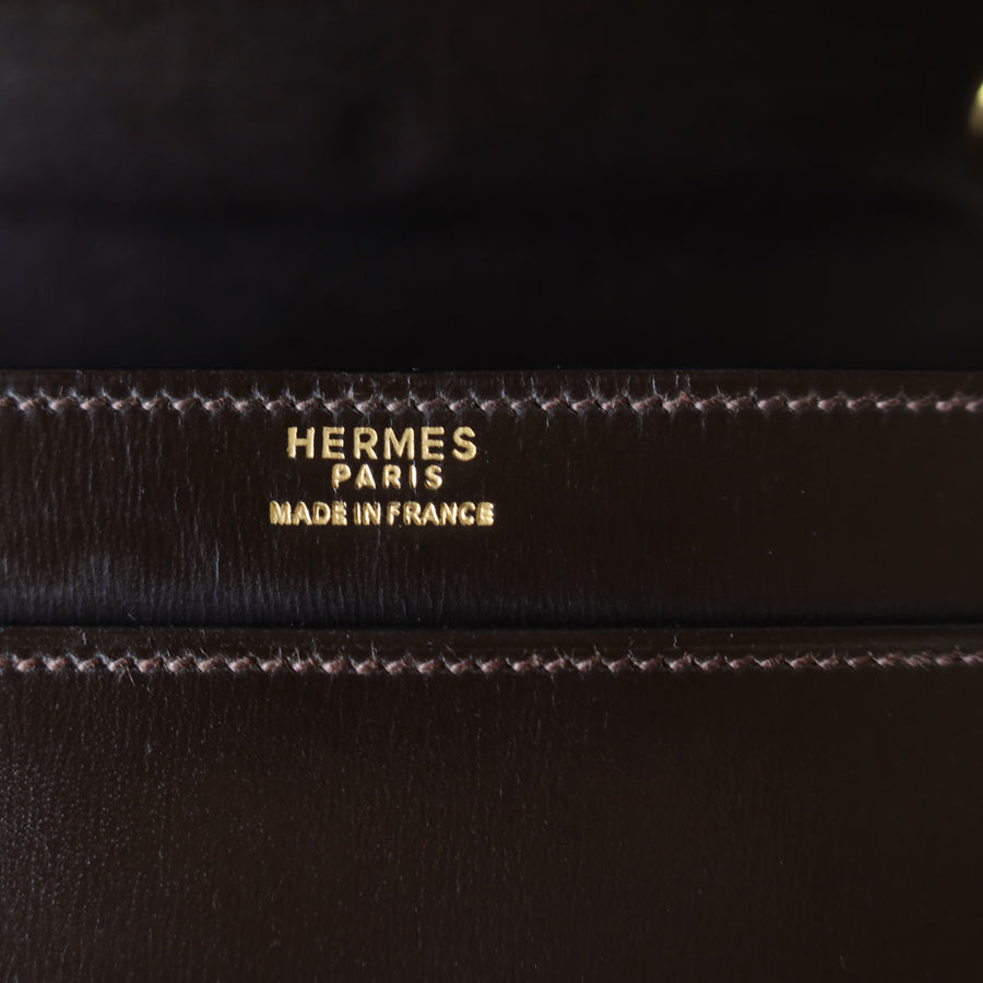 Vintage Hermès 1978 Dark Brown Emblem Ring Box Calf Shoulder Flap Bag