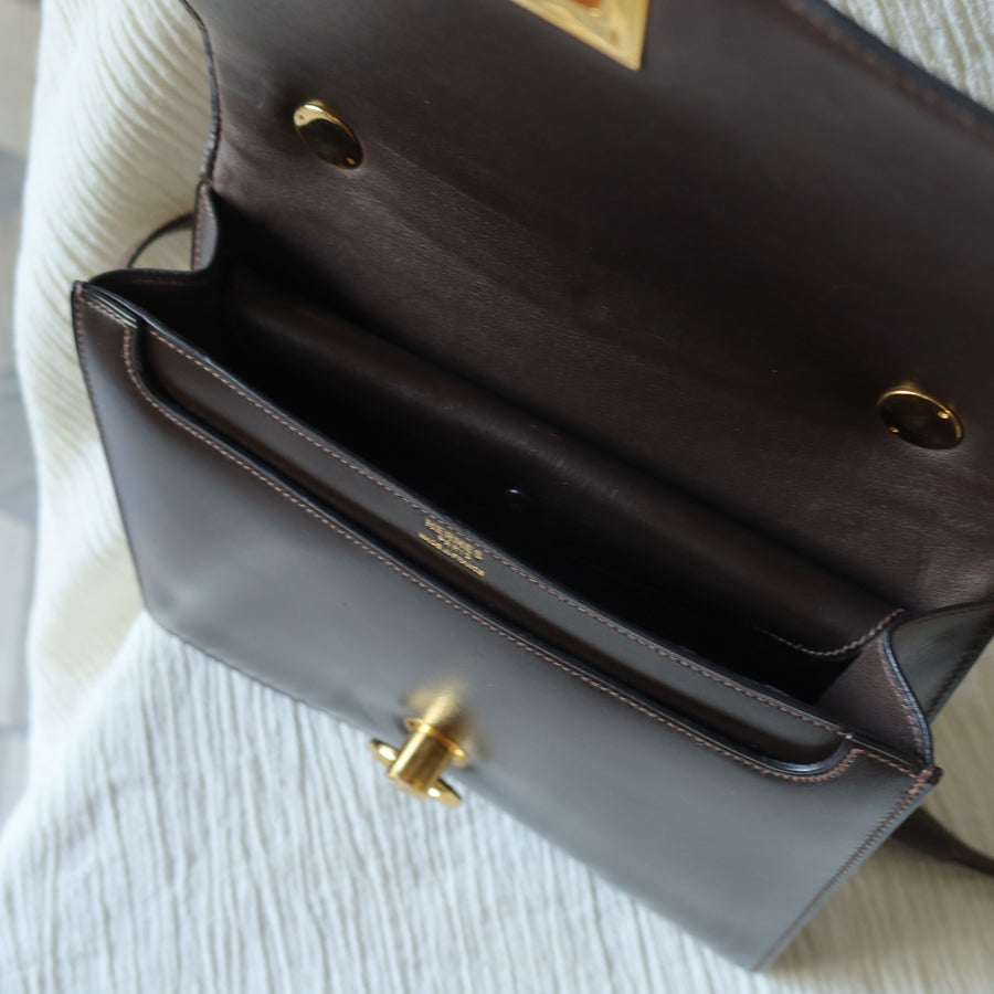 Vintage Hermès 1978 Dark Brown Emblem Ring Box Calf Shoulder Flap Bag