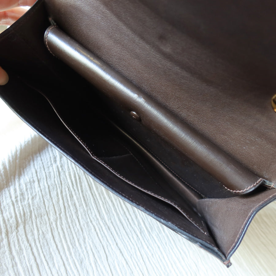Vintage Hermès 1978 Dark Brown Emblem Ring Box Calf Shoulder Flap Bag