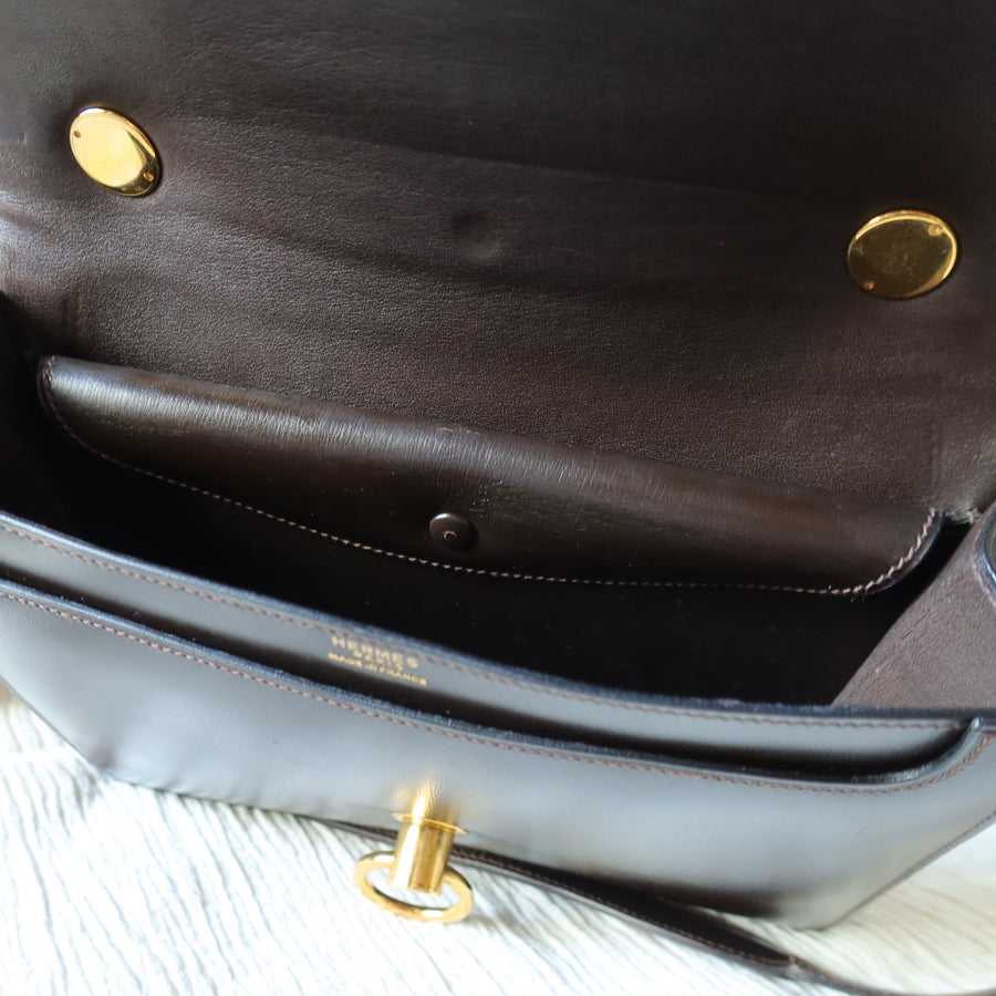 Vintage Hermès 1978 Dark Brown Emblem Ring Box Calf Shoulder Flap Bag