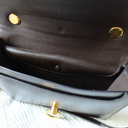 Vintage Hermès 1978 Dark Brown Emblem Ring Box Calf Shoulder Flap Bag