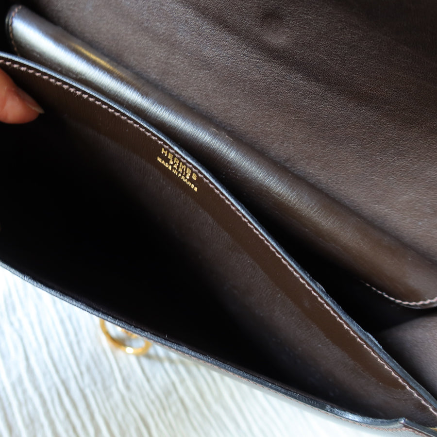 Vintage Hermès 1978 Dark Brown Emblem Ring Box Calf Shoulder Flap Bag