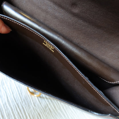 Vintage Hermès 1978 Dark Brown Emblem Ring Box Calf Shoulder Flap Bag