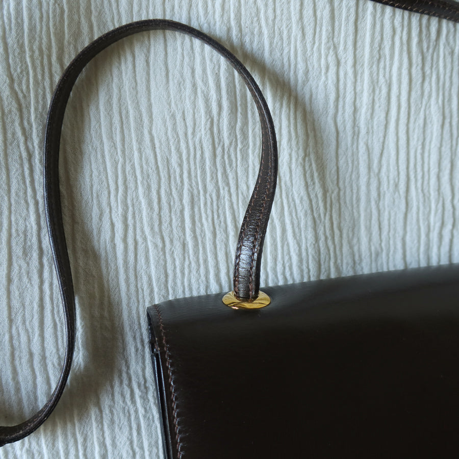 Vintage Hermès 1978 Dark Brown Emblem Ring Box Calf Shoulder Flap Bag
