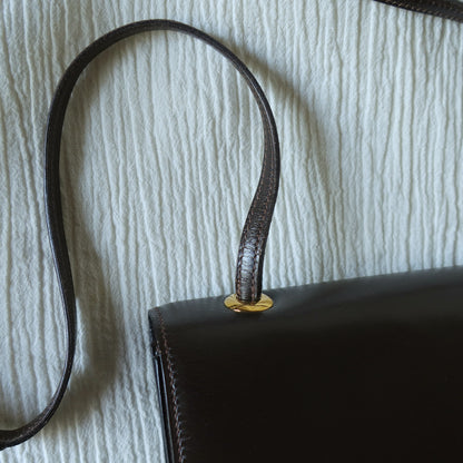 Vintage Hermès 1978 Dark Brown Emblem Ring Box Calf Shoulder Flap Bag